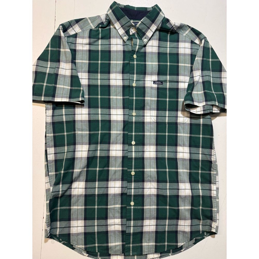 Chaps Ralph Lauren Easy Care Shirt Mens Medium Green Plaid Button Up Long Sleeve